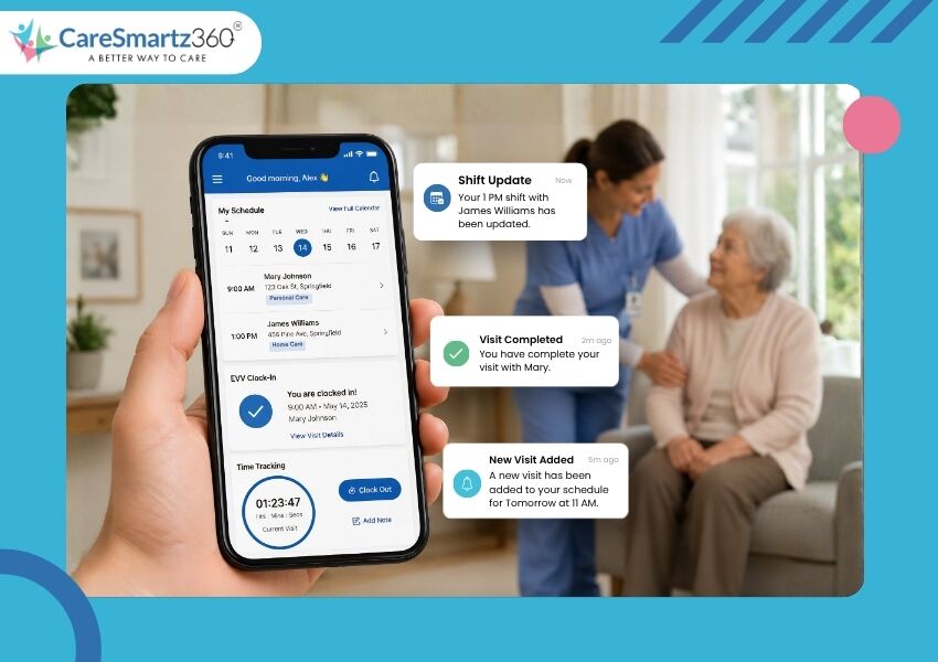 Home care mobile app for caregiver scheduling and real-time tracking